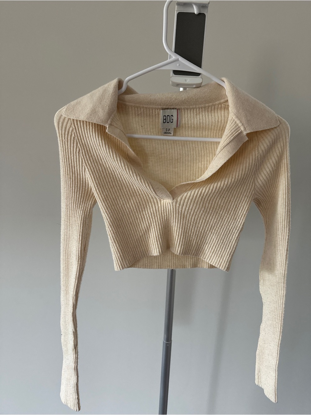 BDG Ribbed Cropped Polo Top in Cream